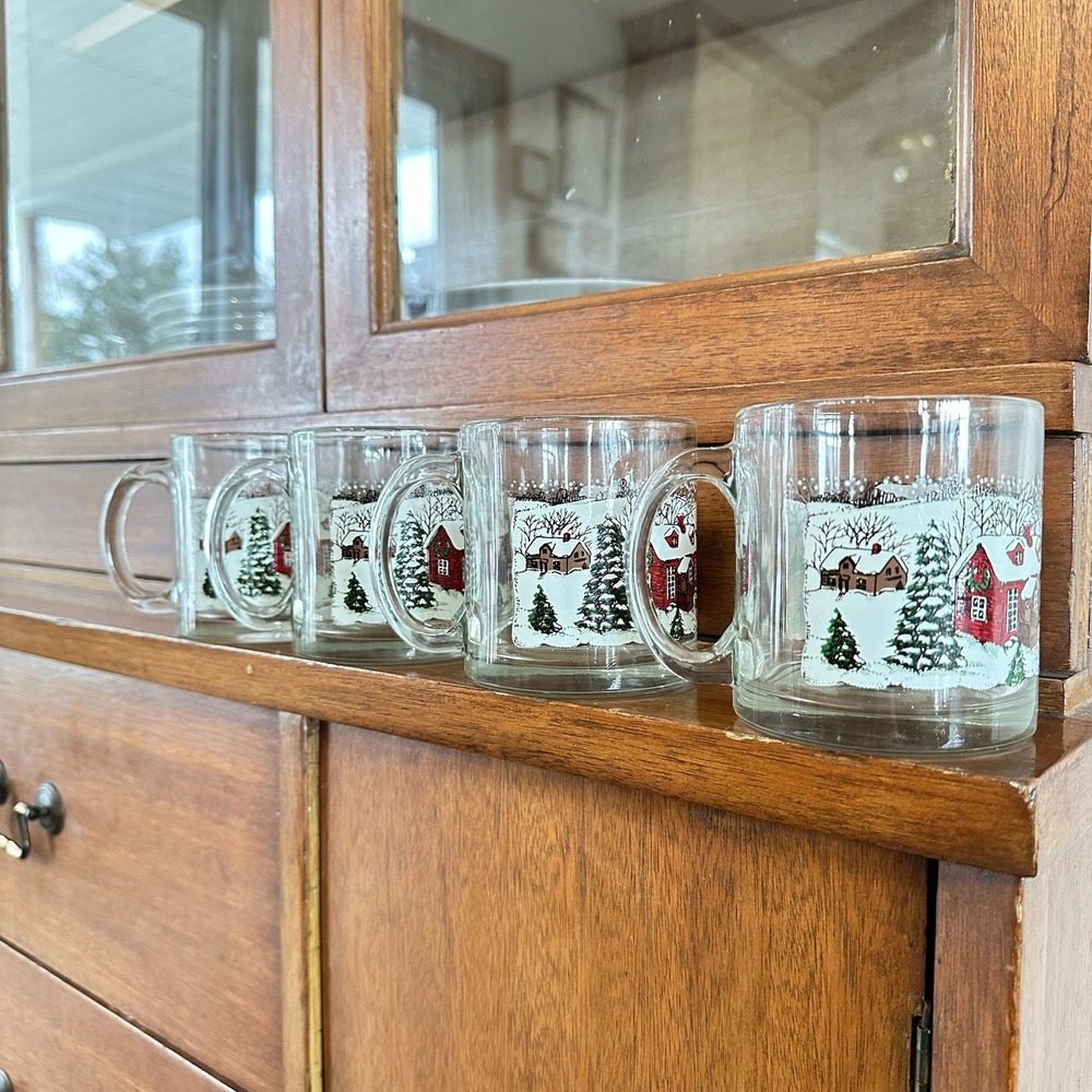 4 Vintage Libbey Currier and Ives Christmas Glass Mugs - Winter Snow Scene